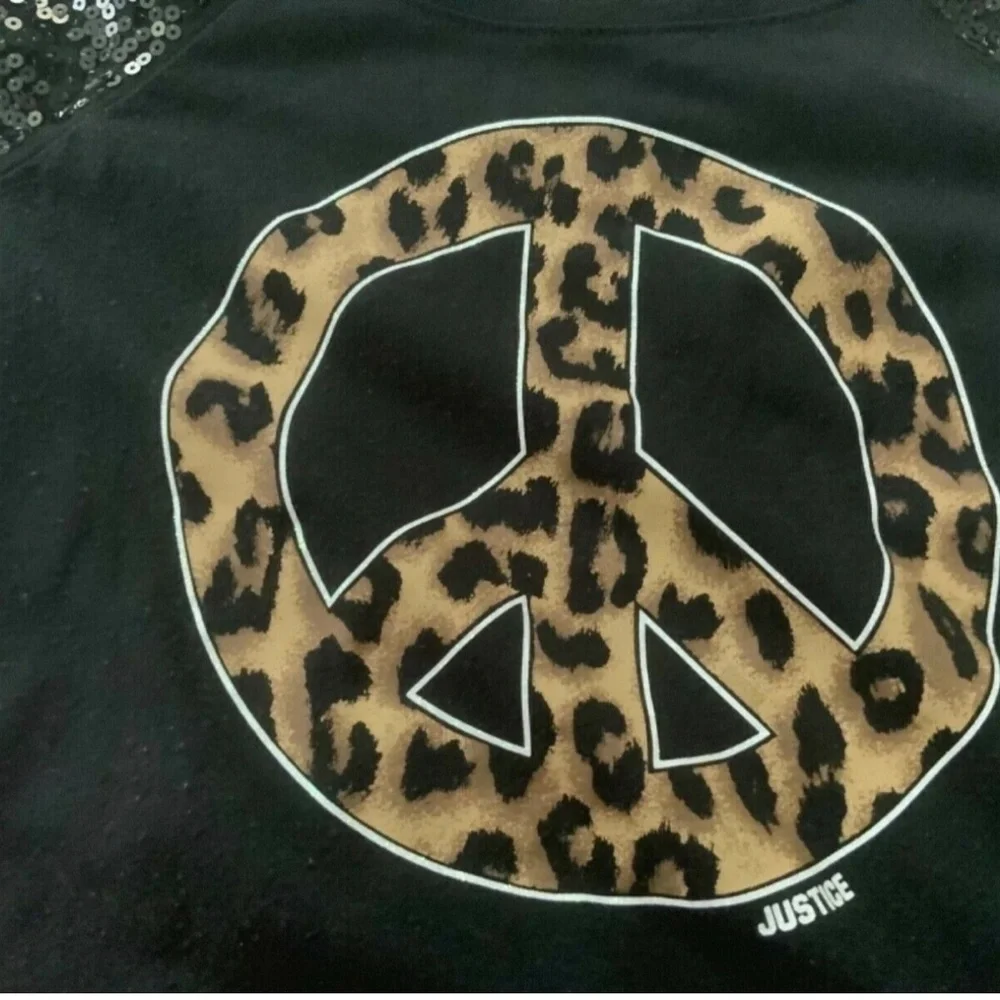 Justice Girl Leopard Peace Sign Black Shirt Size 12 Sequins